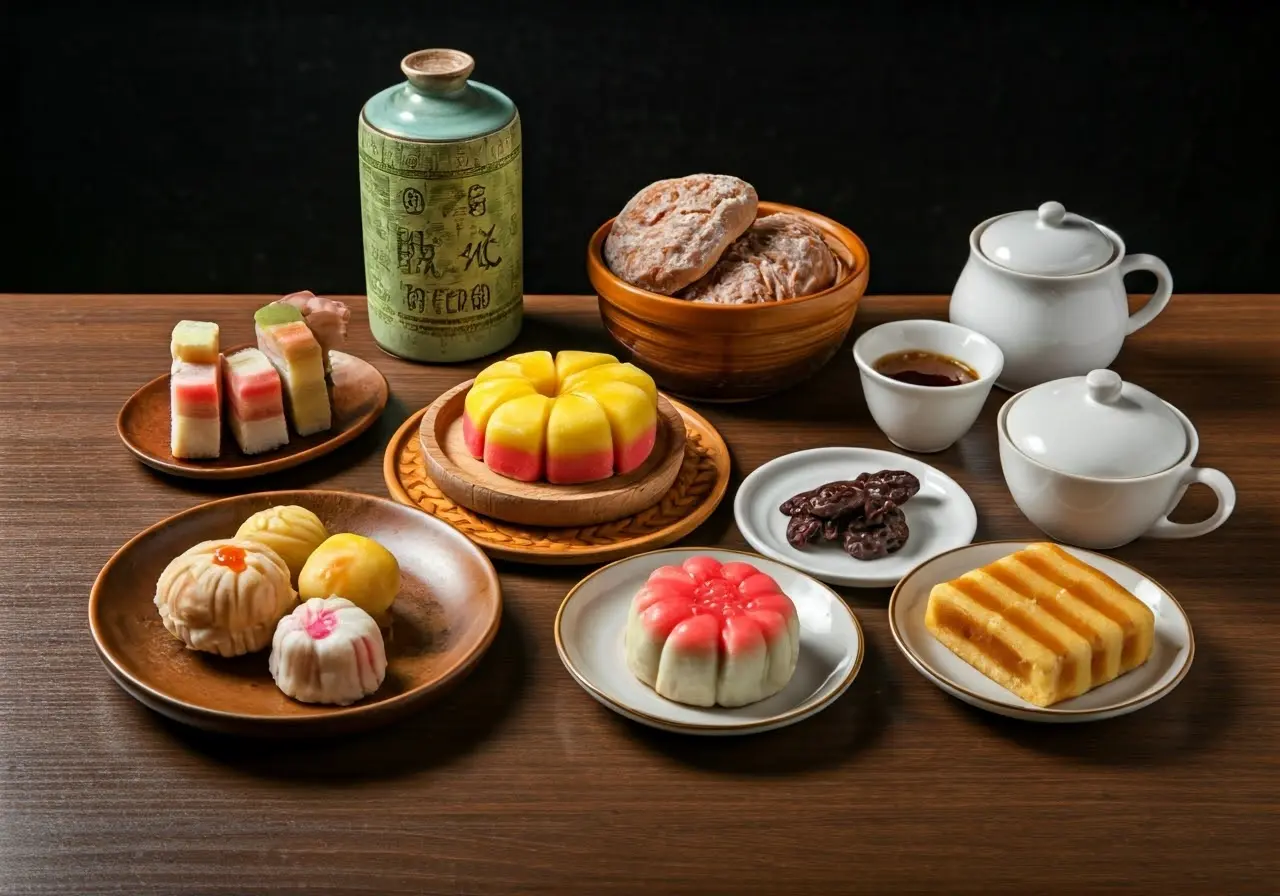 A variety of colorful Hong Kong desserts on a table. 35mm stock photo