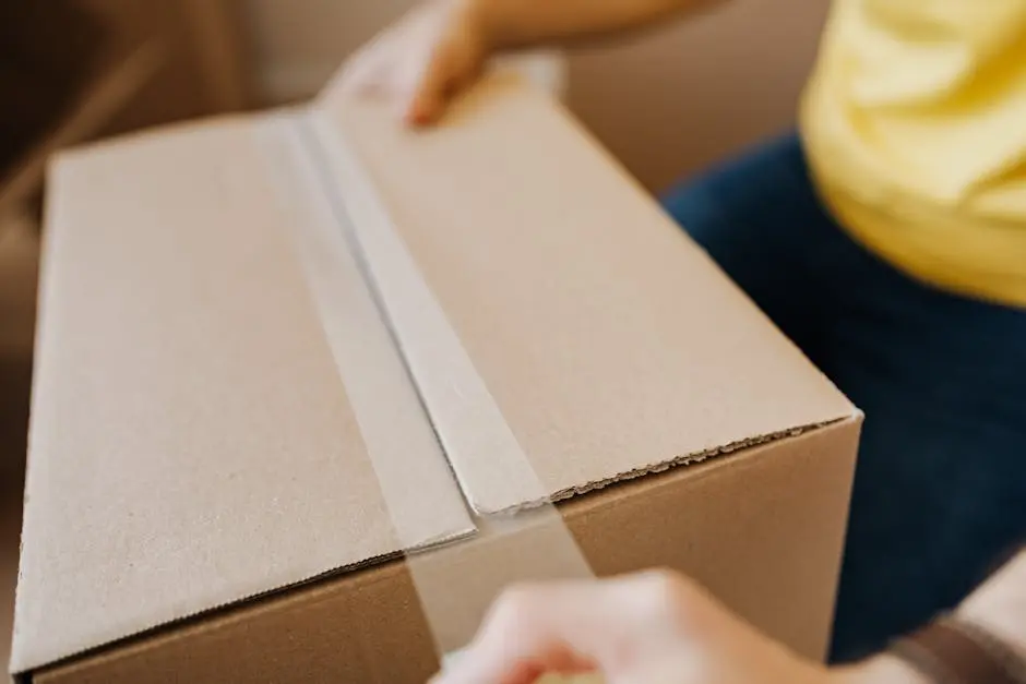 Close-up of a person sealing a cardboard box with tape, suggesting relocation or delivery.