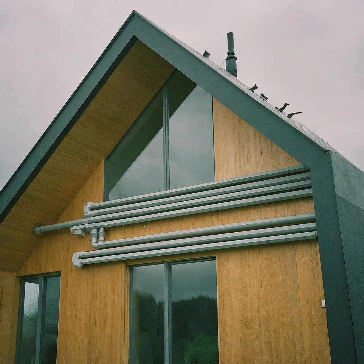 Modern eco-friendly house with rainwater harvesting system installed. 35mm stock photo