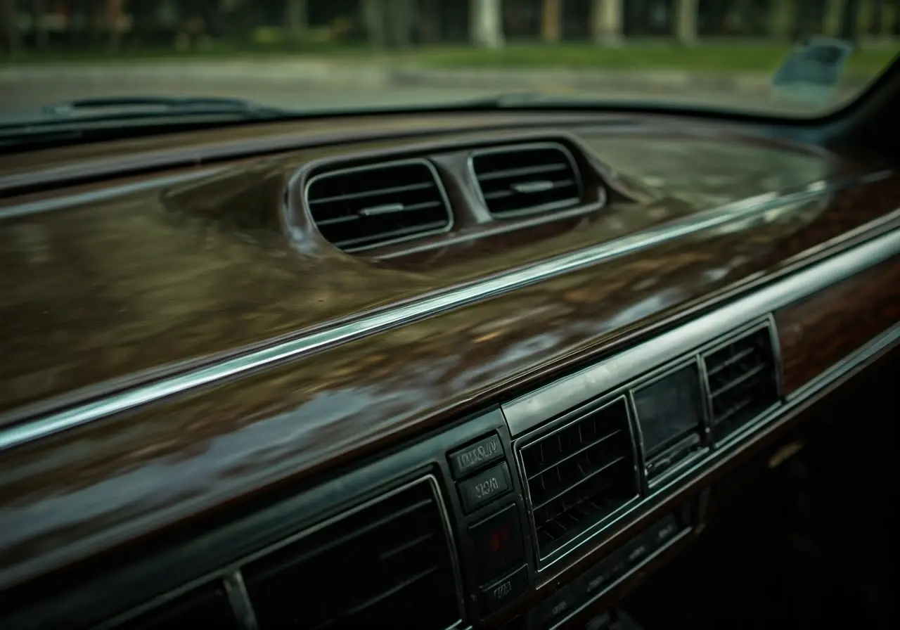 A spotless, glossy car interior with shining dashboard details. 35mm stock photo