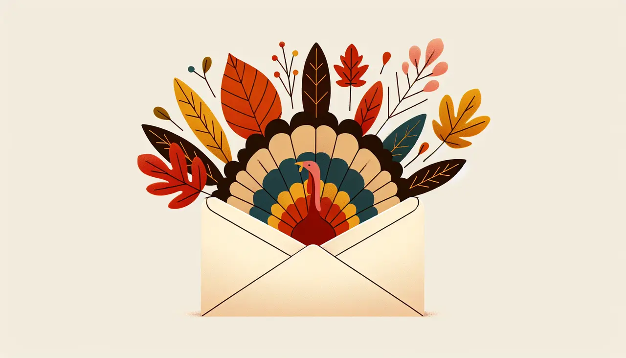 Draw a graphic in flat design style. An image of a flat-design envelop with autumn leaves and a turkey feather peeking out, set against a simple, light background.