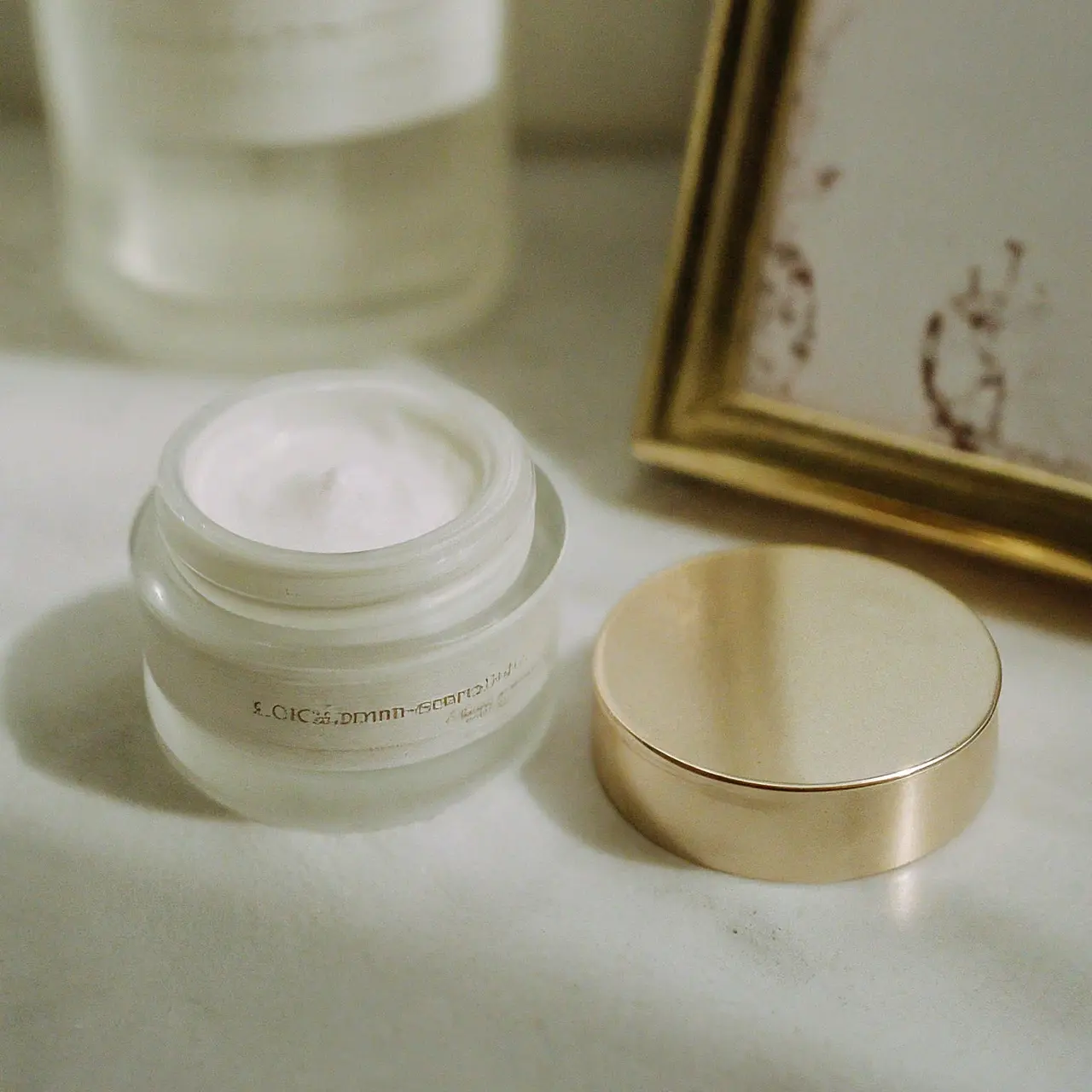 A luxurious jar of organic night cream on a vanity. 35mm stock photo