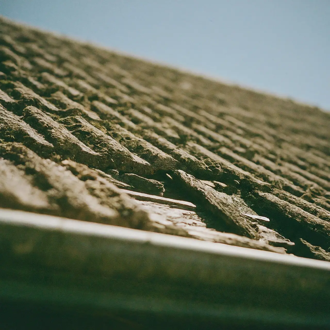 A close-up image of a damaged roof needing repair. 35mm stock photo