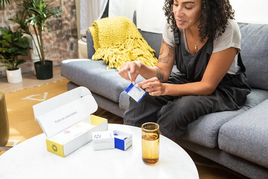 Photo of a Woman Taking Vitamins on a Sofa