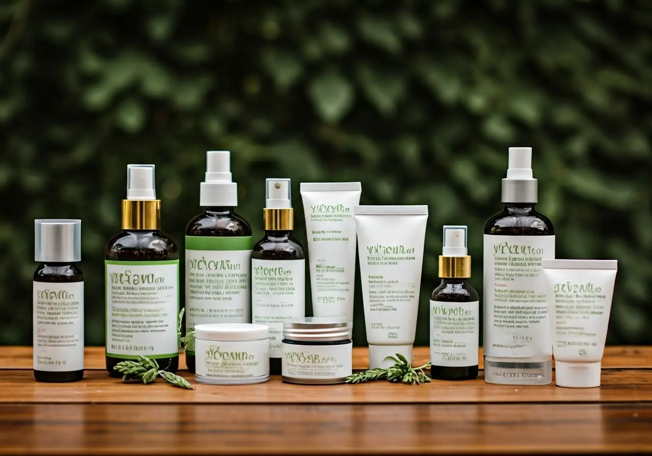 A variety of vegan skincare products arranged on a wooden table. 35mm stock photo