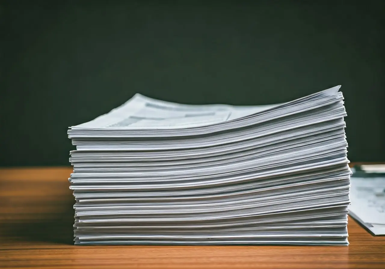 A stack of credit reports and financial documents on a desk. 35mm stock photo