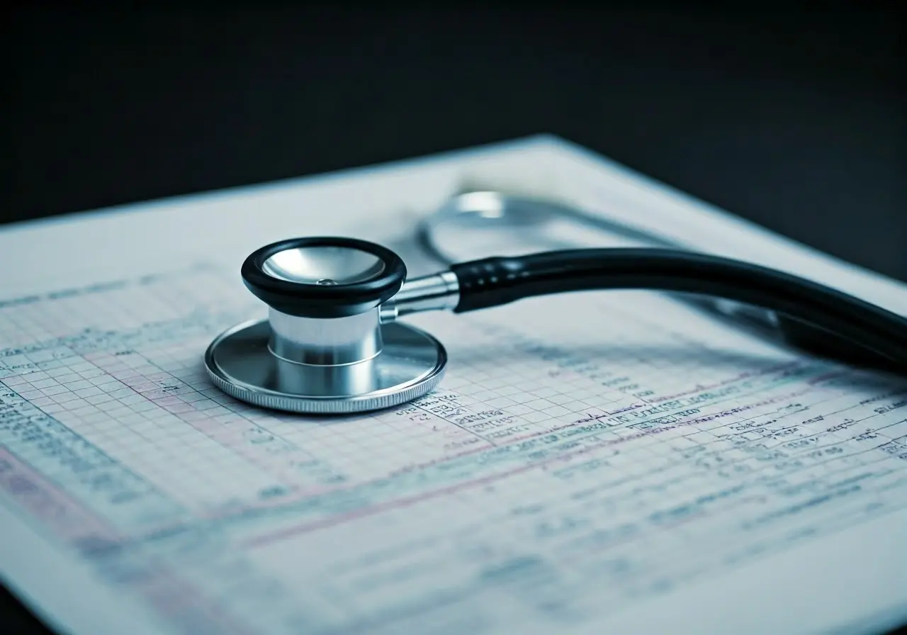 A stethoscope resting on a patient chart with vital signs. 35mm stock photo