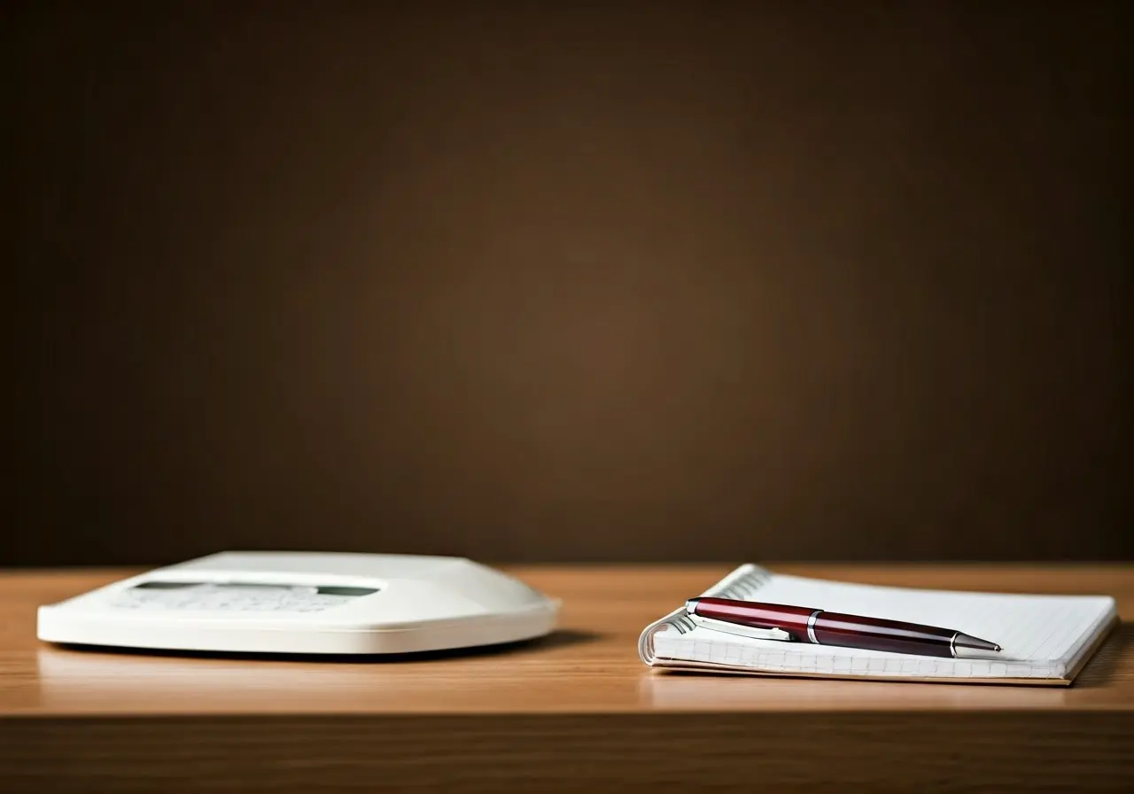 A scale beside a notebook and pen on a table. 35mm stock photo