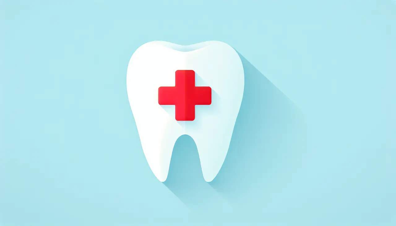 Draw a graphic in flat design style. A single tooth with a red emergency cross icon on it, set against a light blue background.