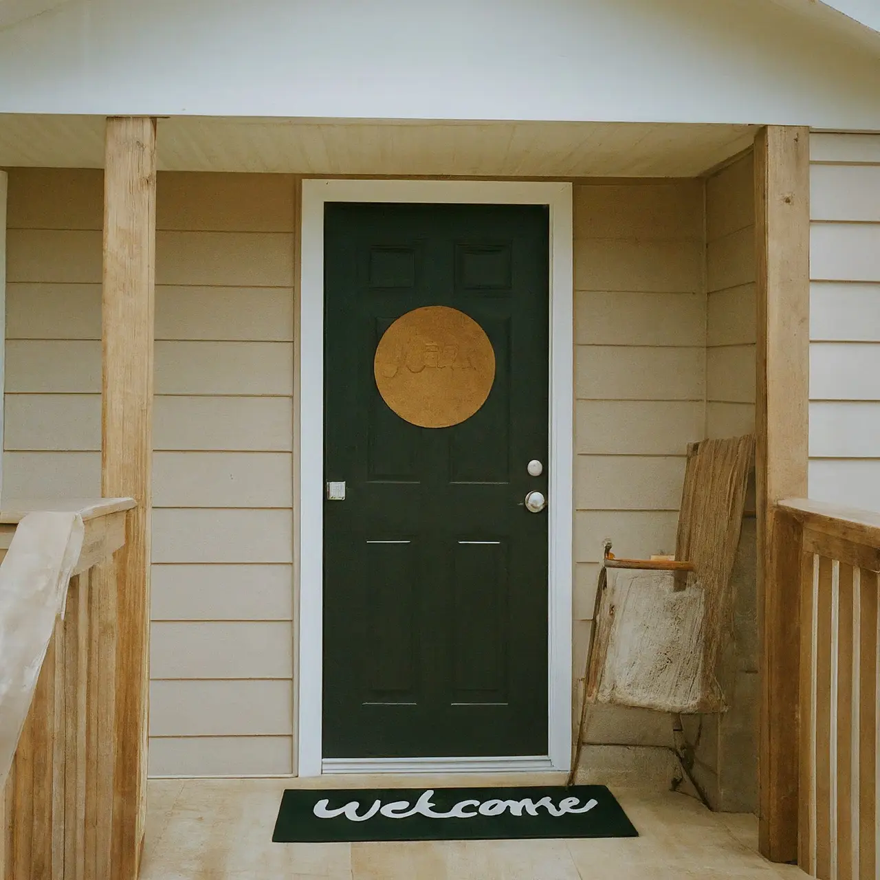 A cozy vacation rental home with a Welcome doormat. 35mm stock photo