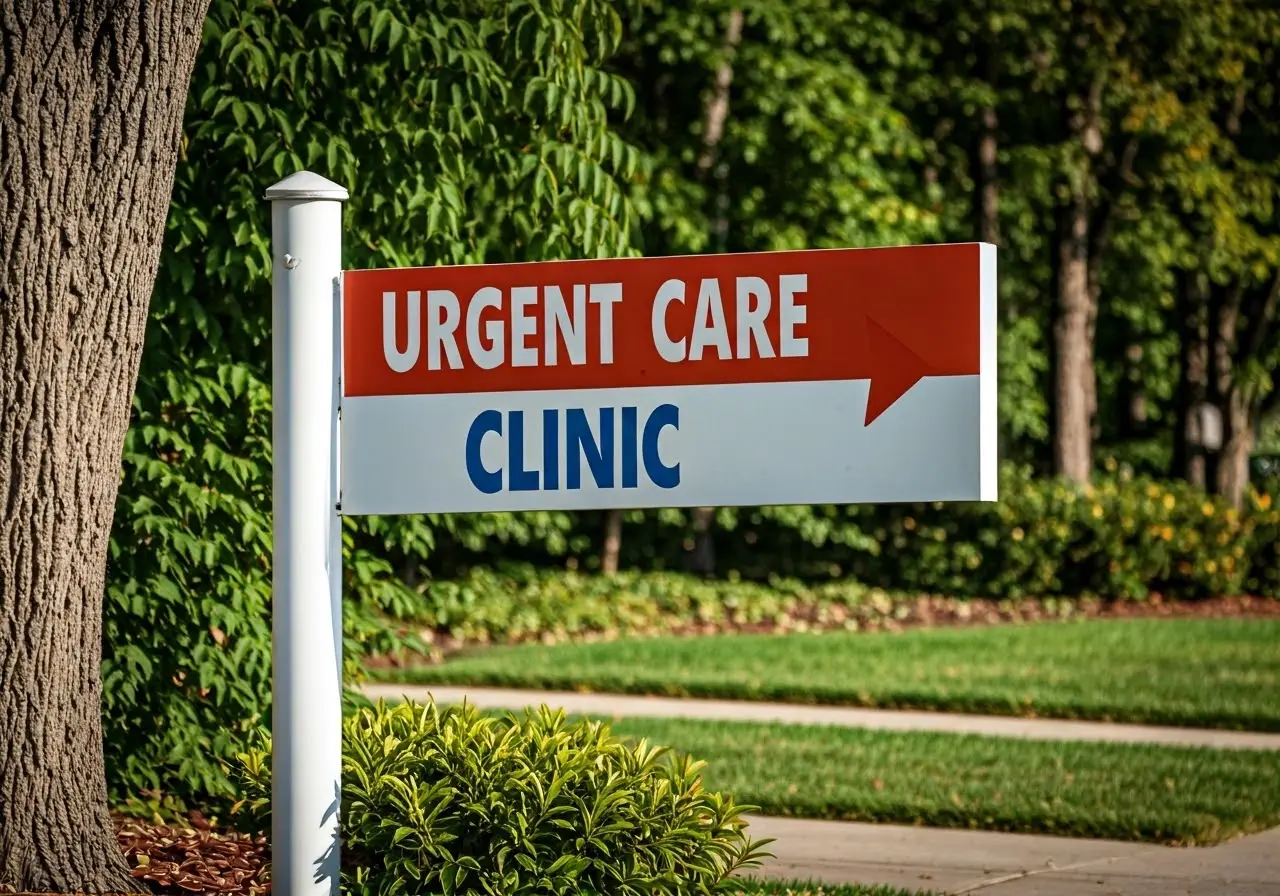 A sign pointing to an urgent care clinic. 35mm stock photo