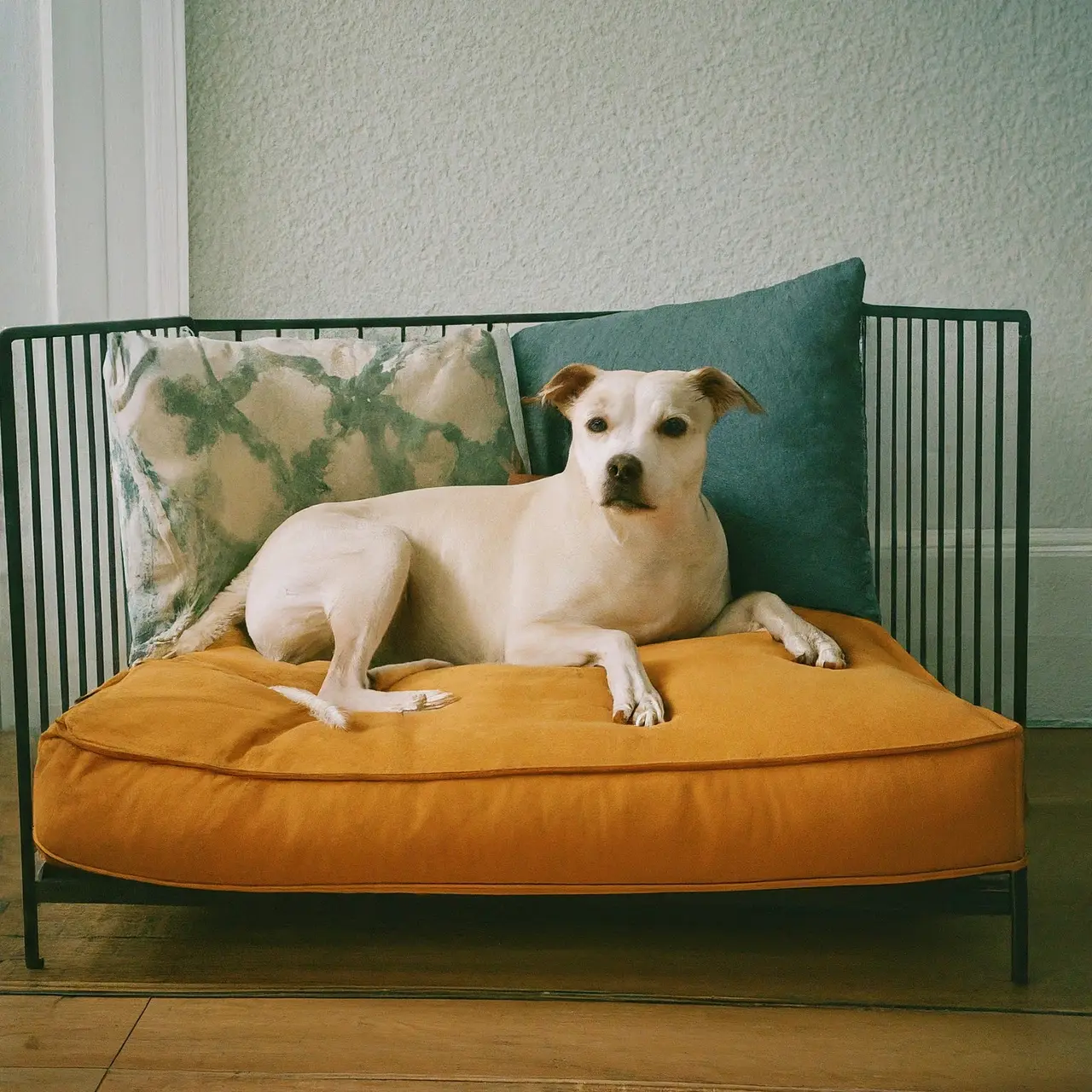 A cozy, stylish dog bed with colorful cushions. 35mm stock photo