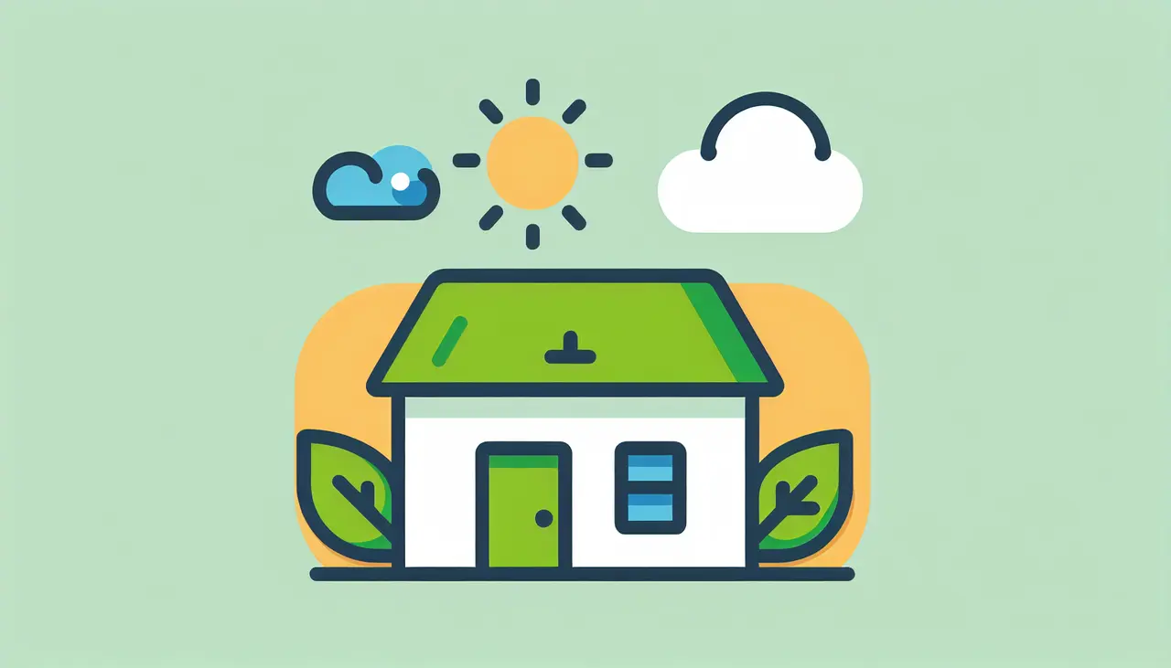 Draw a graphic in flat design style. Create an image of a simplistic, stylized house with a green roof under a sun and cloud to symbolize eco-friendly roofing.