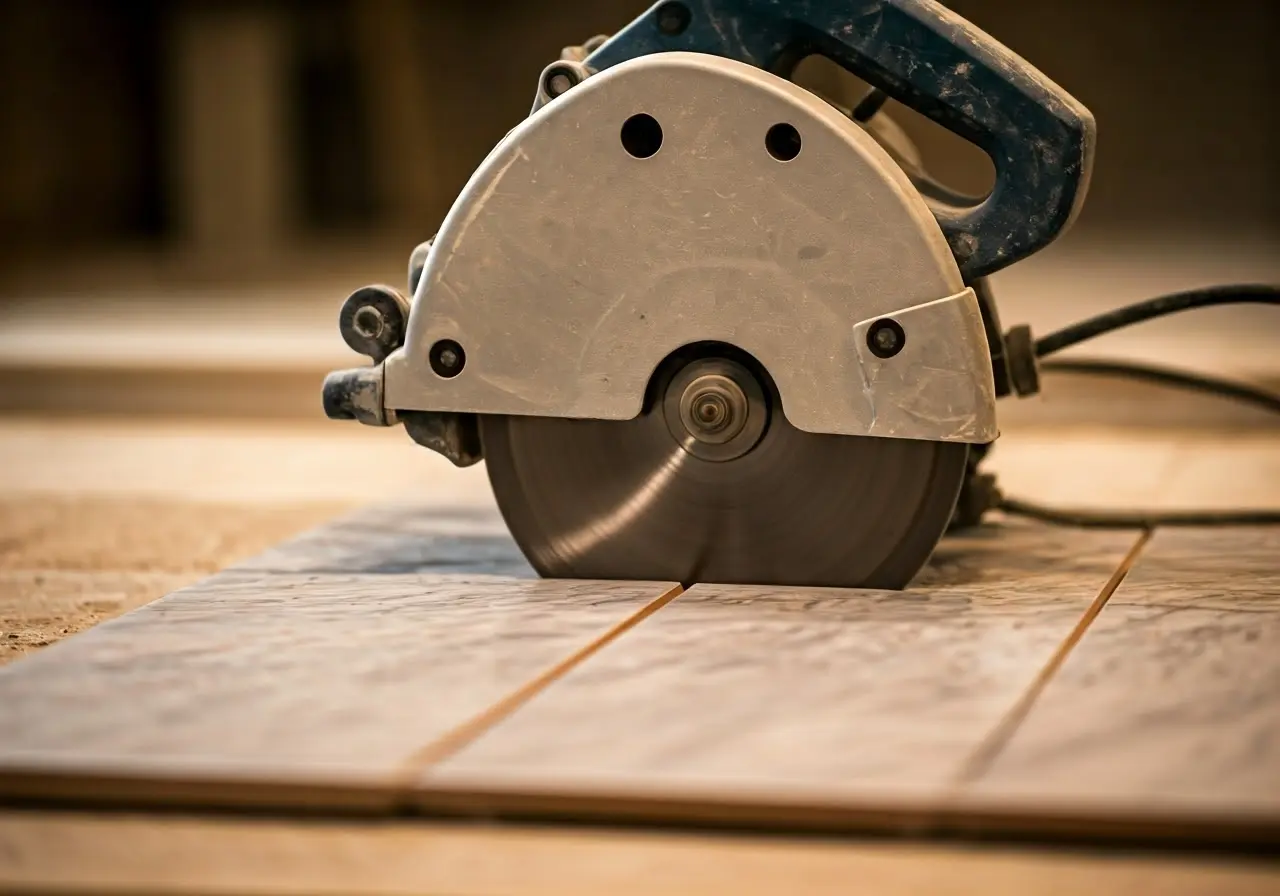 Close-up of a tile saw cutting a ceramic tile. 35mm stock photo