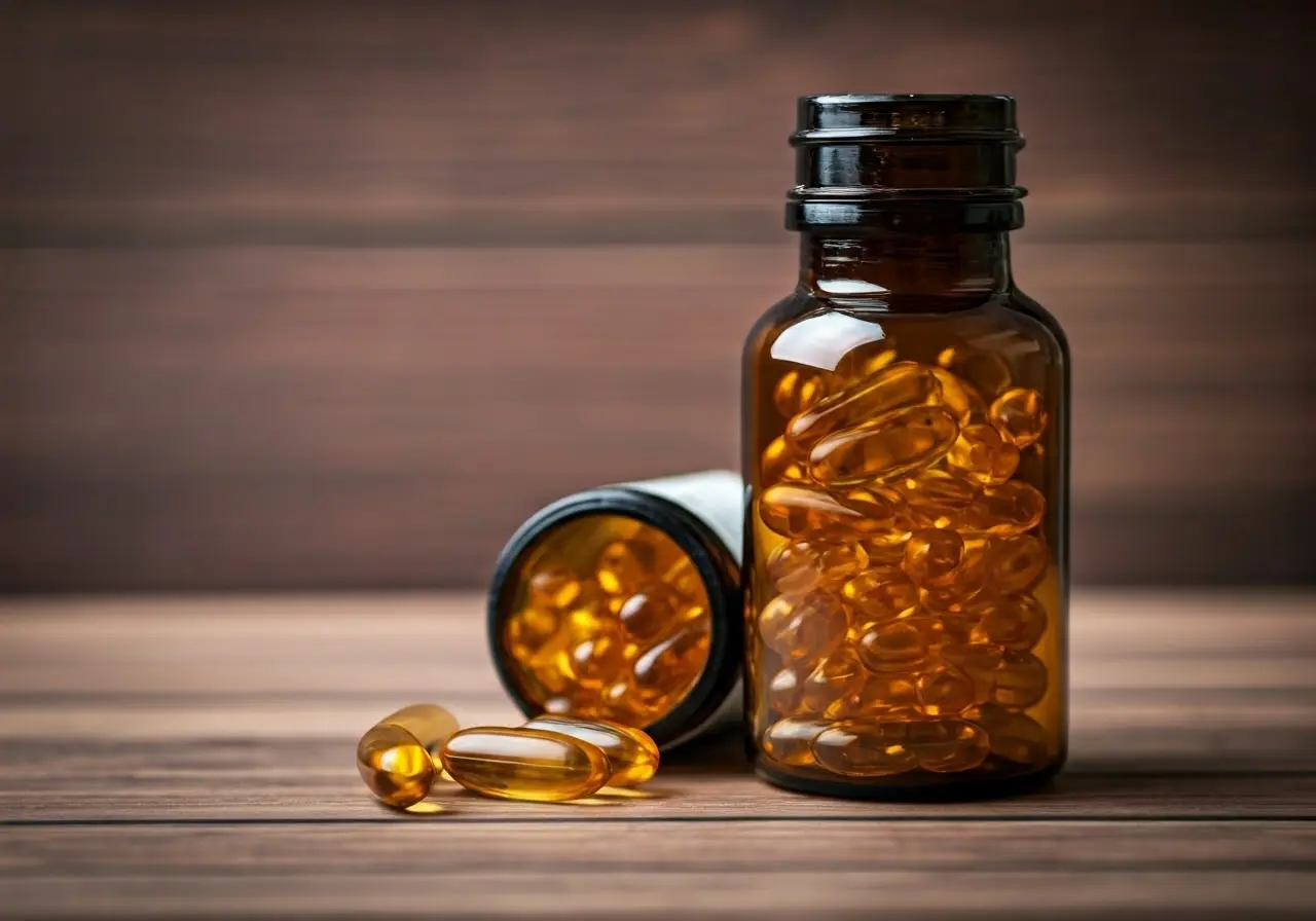 Bottles of vitamin E capsules on a wooden table. 35mm stock photo