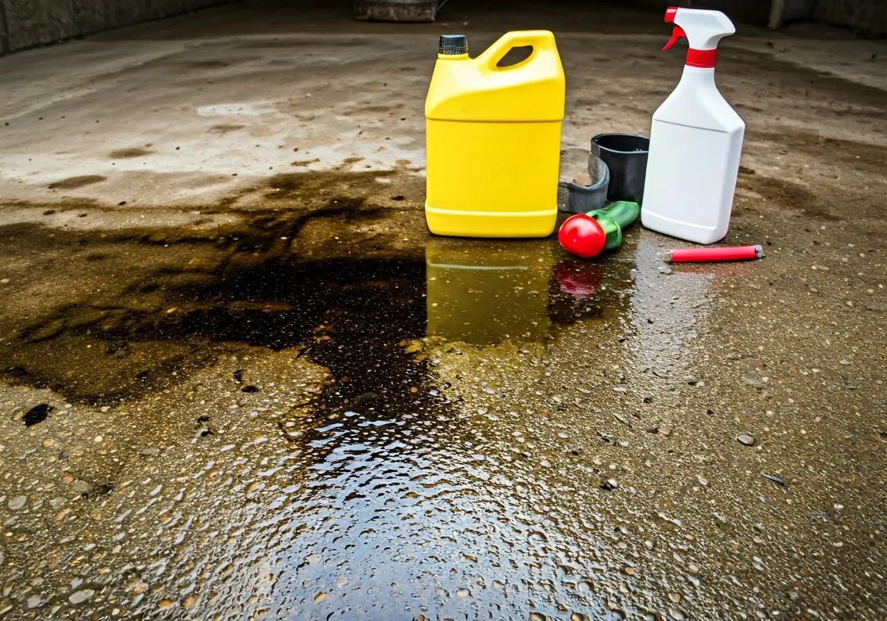 Spilled oil on concrete with cleaning supplies nearby. 35mm stock photo