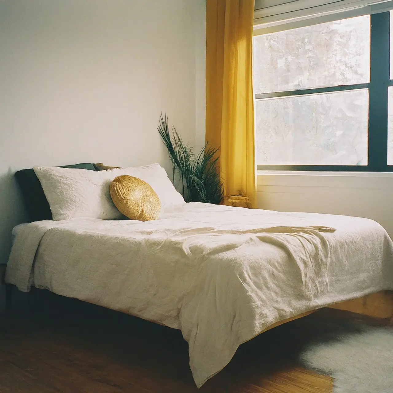 A clean, neatly arranged bedroom in a modern Airbnb rental. 35mm stock photo