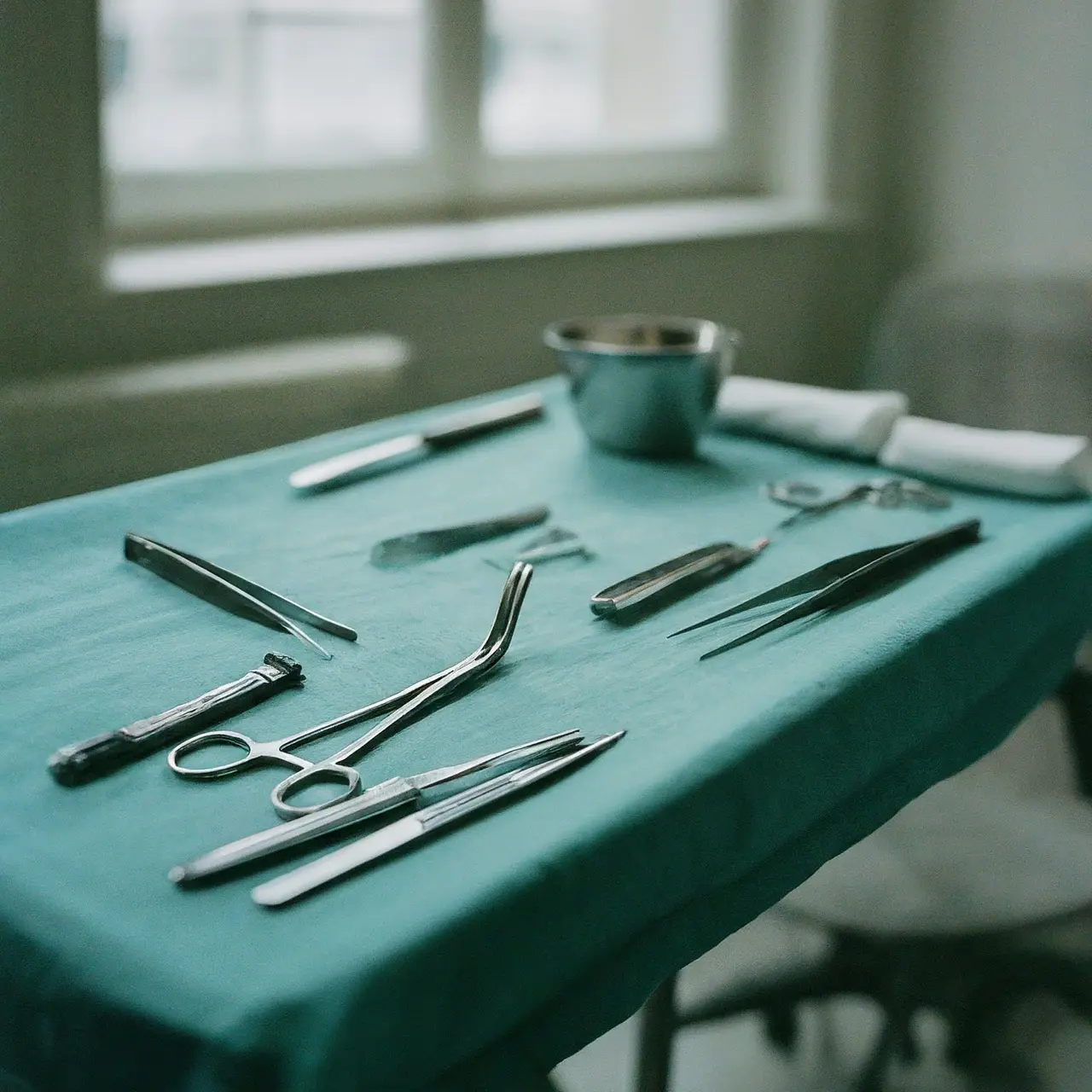 Hospital setting with surgical tools on a sterile table. 35mm stock photo