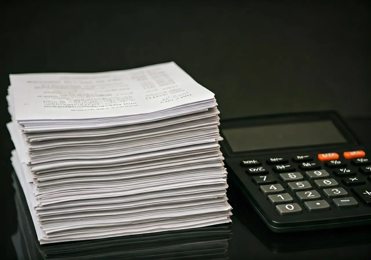 A neat pile of receipts next to a calculator. 35mm stock photo