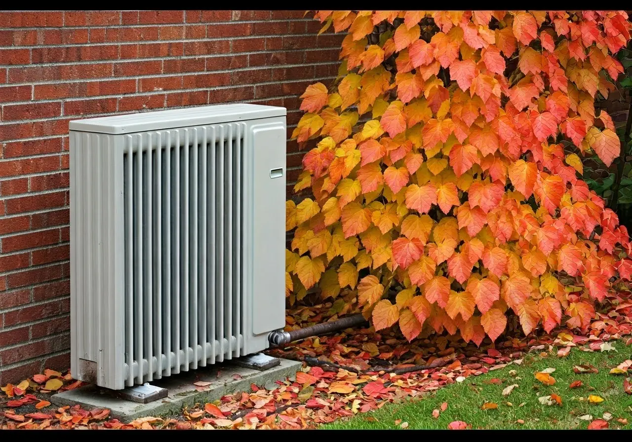 A heat pump surrounded by colorful autumn leaves in Denver. 35mm stock photo