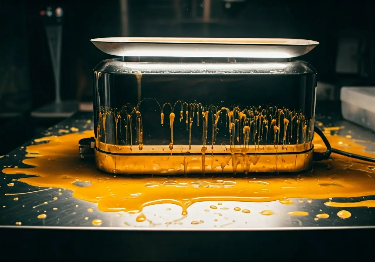 Close-up of a wax heater with spilled wax on surface. 35mm stock photo