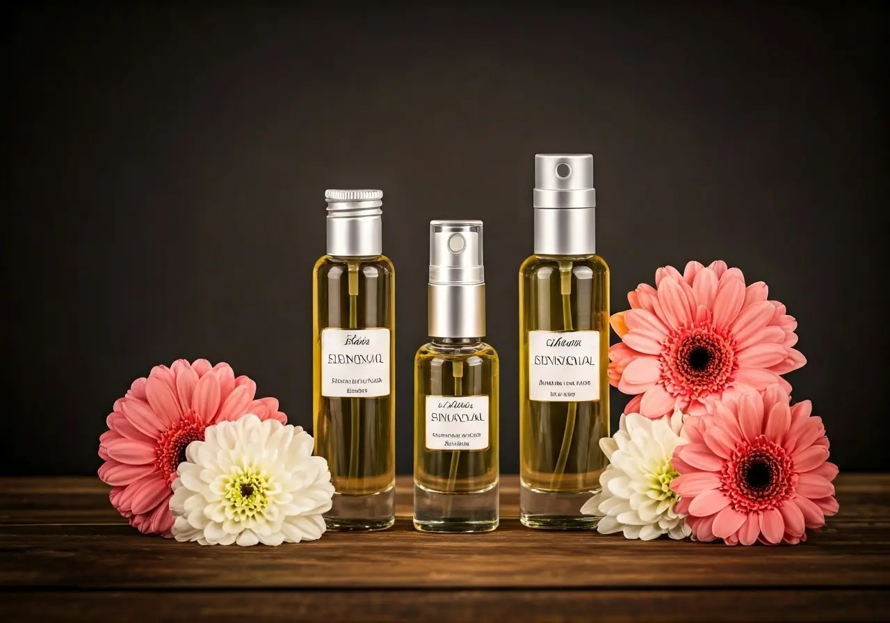 Bottles of sensual fragrance oils surrounded by fresh flowers. 35mm stock photo