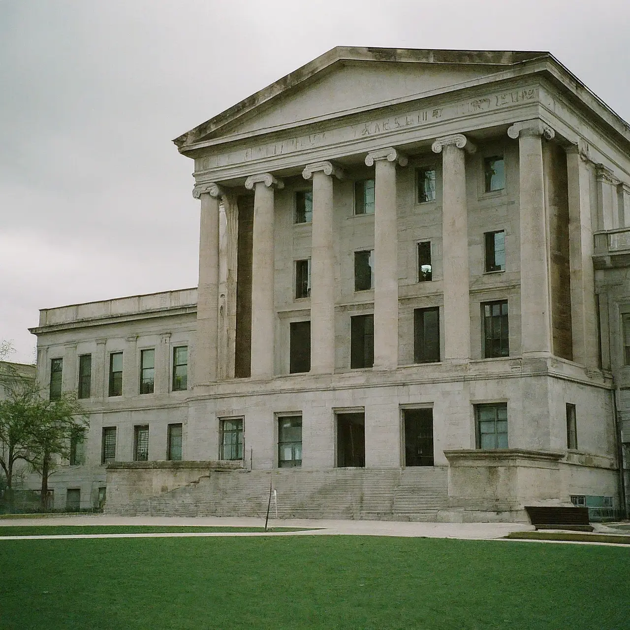 A government building with disaster relief resources information. 35mm stock photo