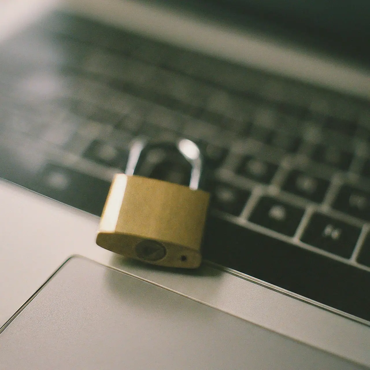 A locked padlock on a laptop keyboard. 35mm stock photo