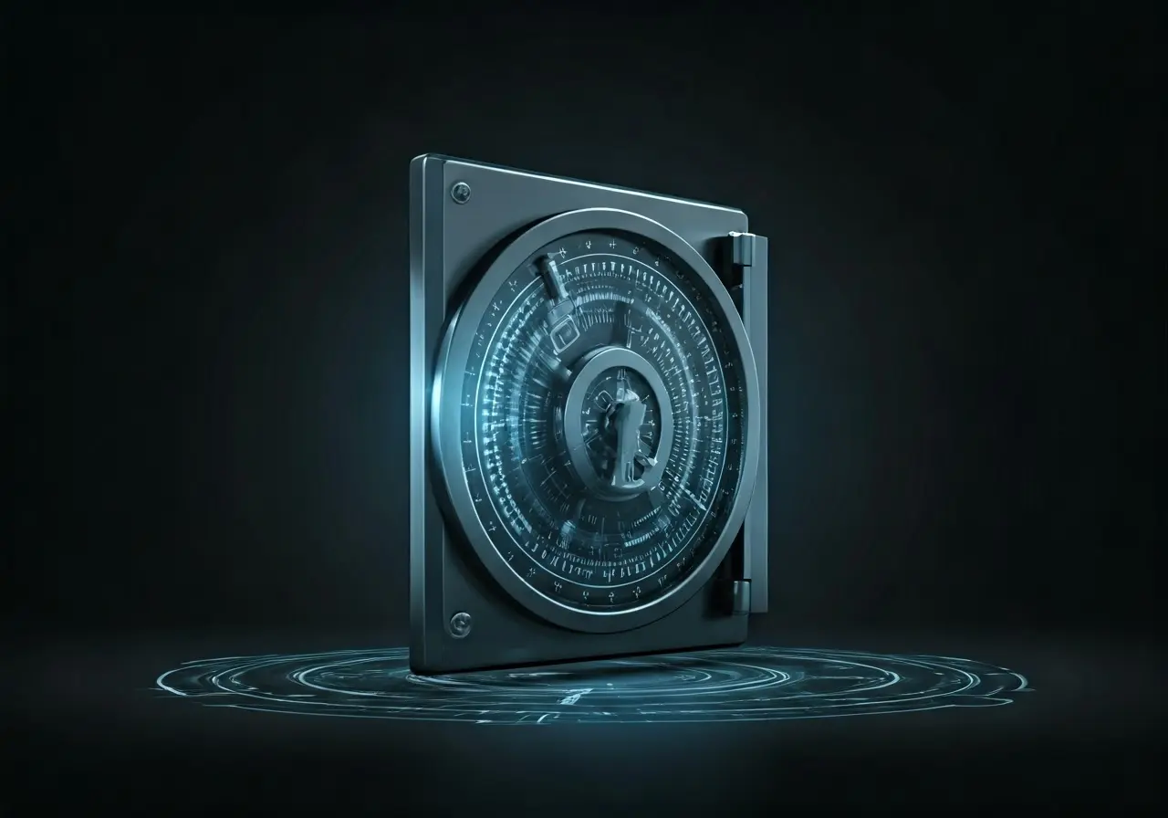 A digital vault icon with a glowing secure lock symbol. 35mm stock photo