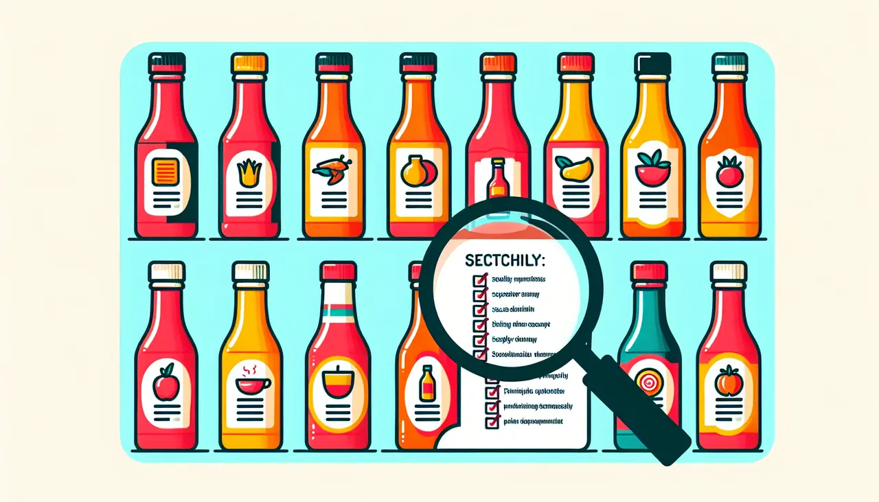 Draw a graphic in flat design style. Illustrate a selection of colorful sauce bottles lined up with a checklist and a magnifying glass focusing on one bottle.