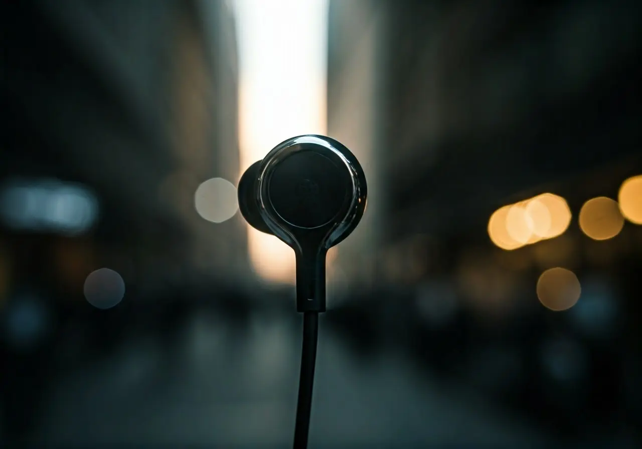 Close-up of an earpiece in a bustling urban setting. 35mm stock photo