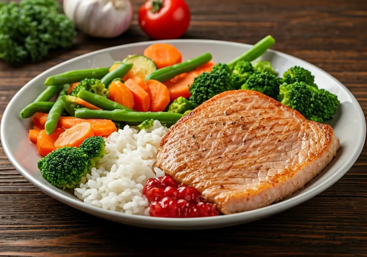 A balanced meal with lean protein, vegetables, and portion control. 35mm stock photo