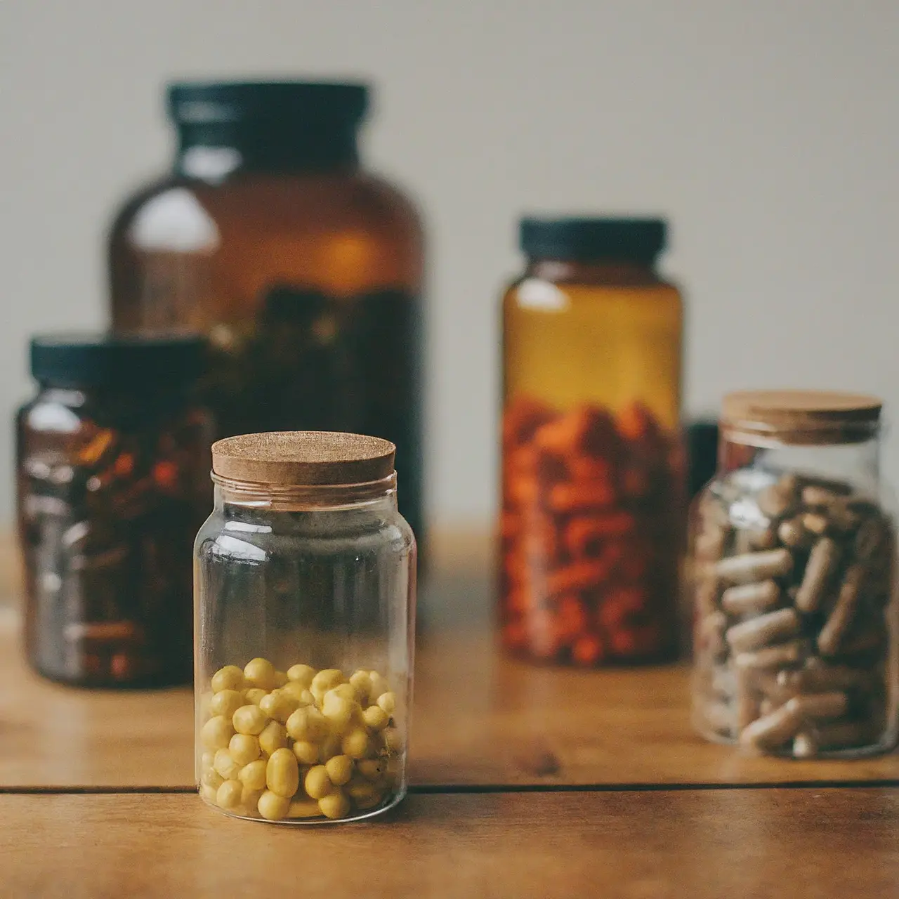 Assorted jars of colorful natural supplements on a wooden table. 35mm stock photo