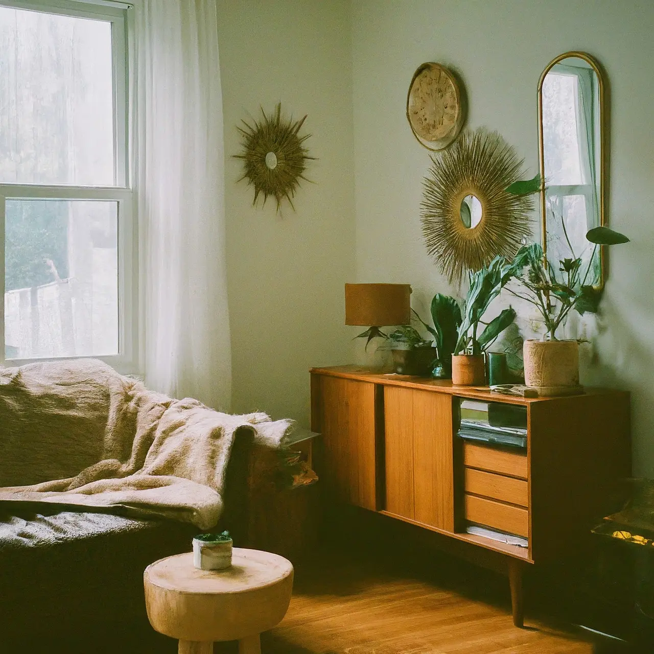 A cozy living room with eclectic thrift store decorations. 35mm stock photo