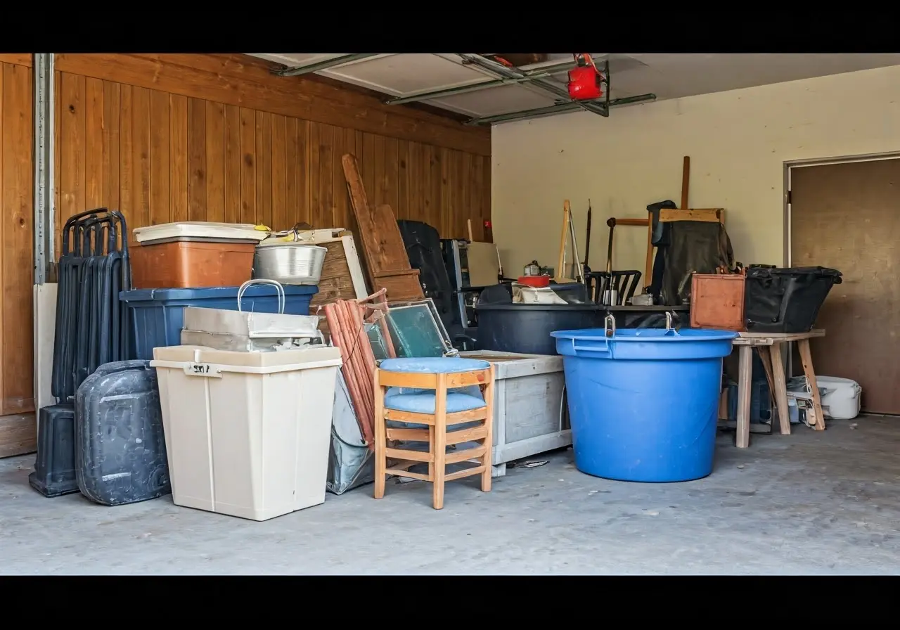 A cluttered garage filled with old, unused items for removal. 35mm stock photo