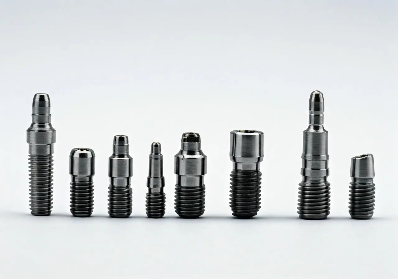 A variety of dental implants displayed on a white background. 35mm stock photo