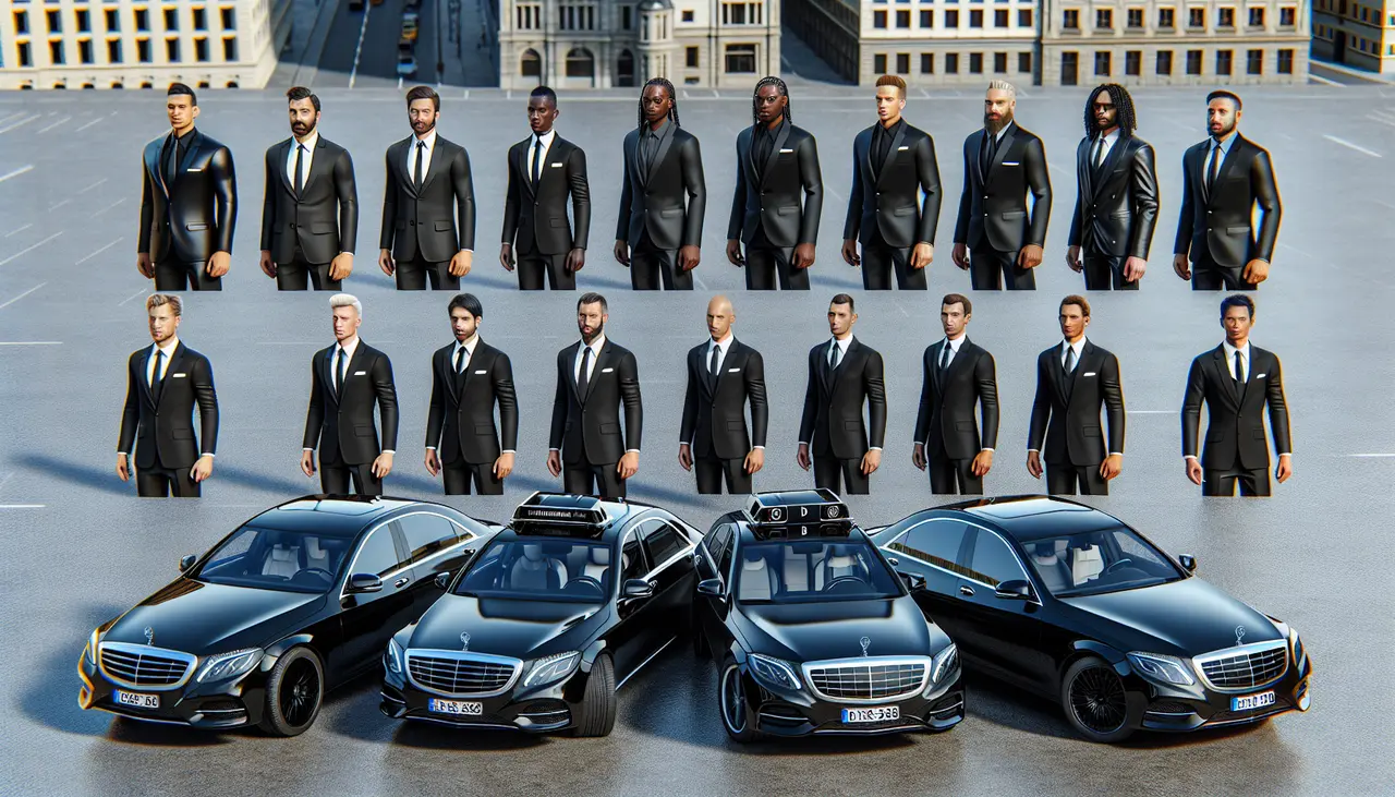 men and women dress  like chauffeur  Drivers with black suits and Mercedes S Class latest vehicles all Black cars