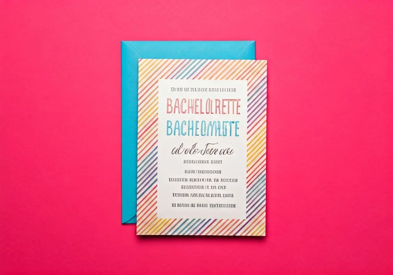 A colorful bachelorette party invitation on a pink background. 35mm stock photo