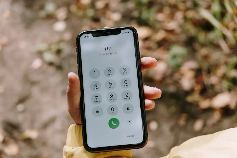 Close-up of emergency number dialed on smartphone held outdoors, emphasizing mobile technology’s role in safety.