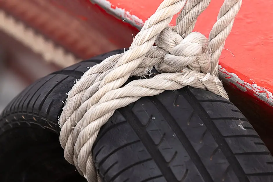 Detailed view of a tire used as a fender with rope on a boat.