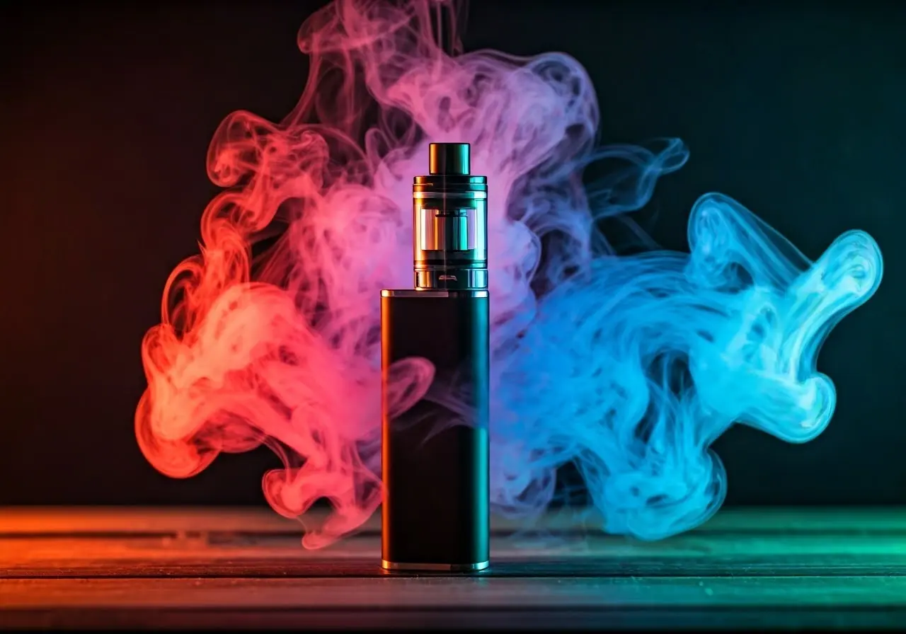 A sleek vape pen surrounded by colorful vapor clouds. 35mm stock photo