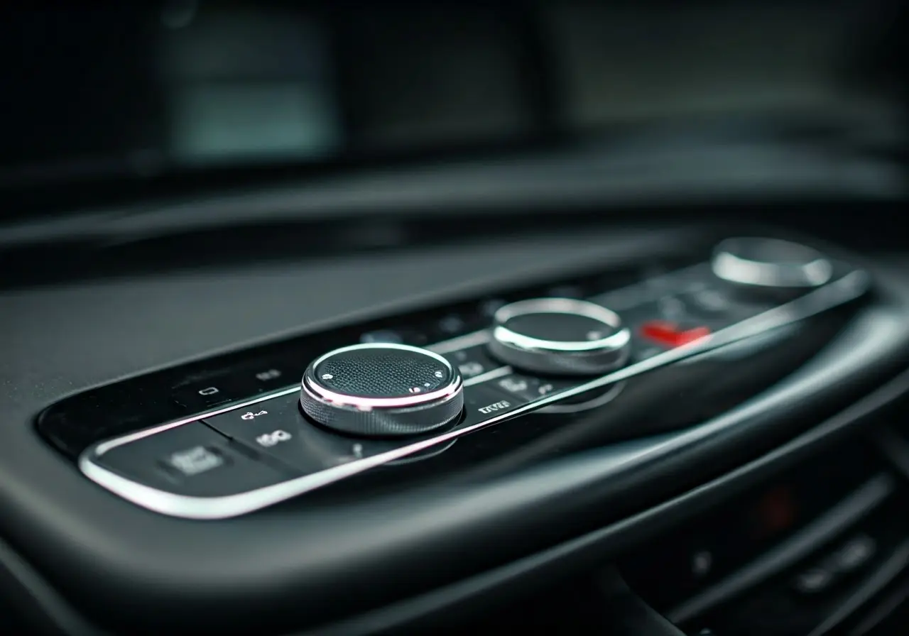 Close-up of a clean, polished car dashboard and controls. 35mm stock photo