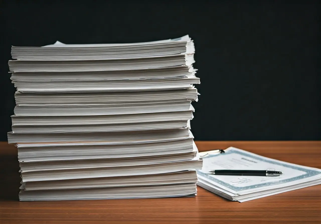 Stacks of official documents and certificates on a wooden desk. 35mm stock photo