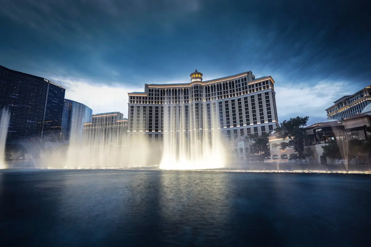 Capturing the breathtaking Bellagio Fountain against the iconic Las Vegas skyline at twilight.