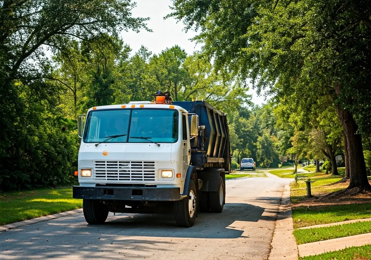 A recycling truck collecting waste in an Atlanta neighborhood. 35mm stock photo