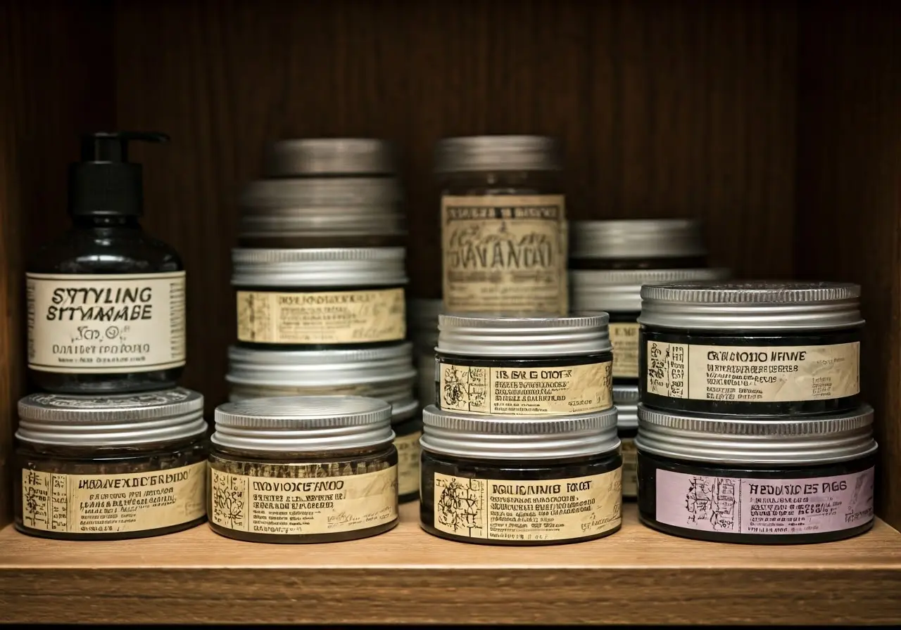 A variety of styling pomades arranged neatly on a shelf. 35mm stock photo