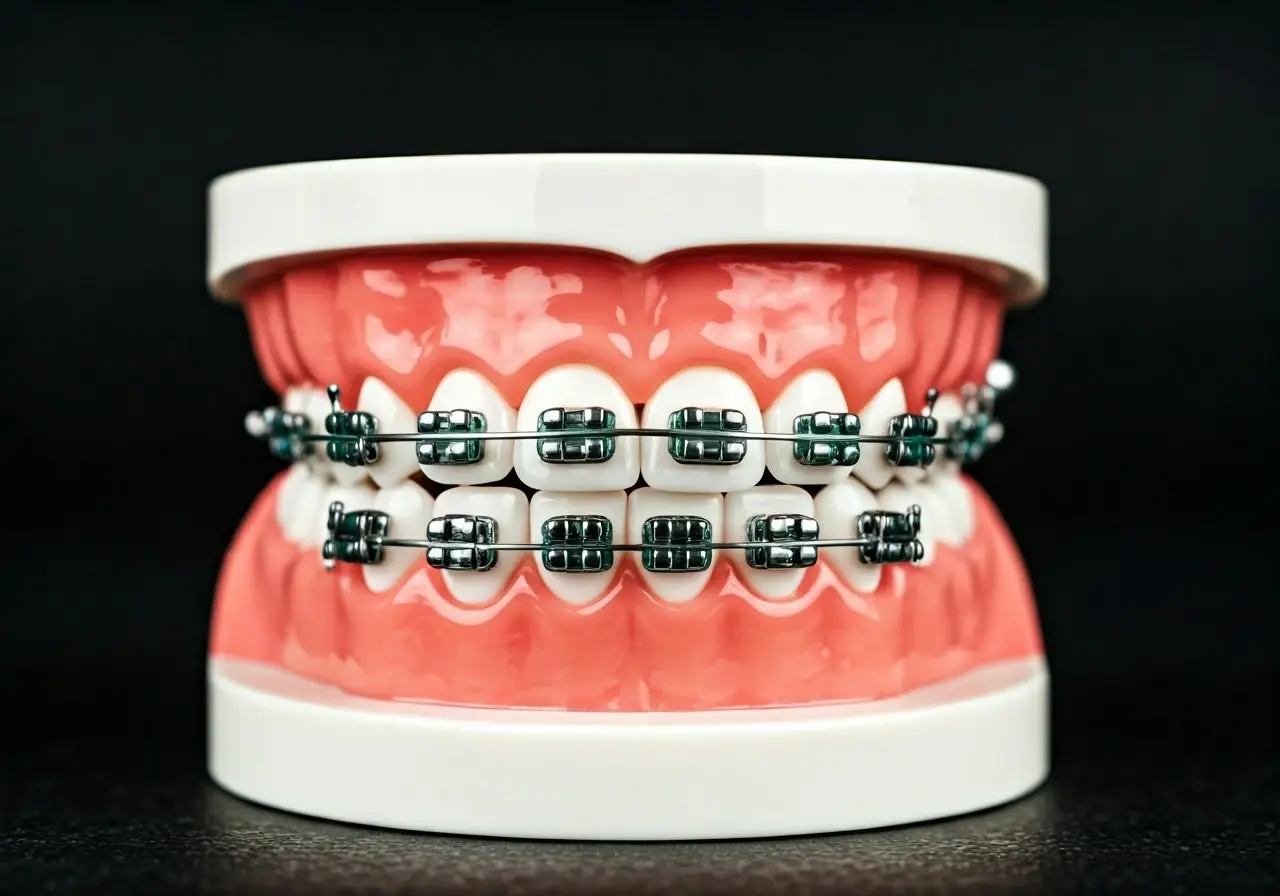 A close-up of dental braces on a model tooth. 35mm stock photo