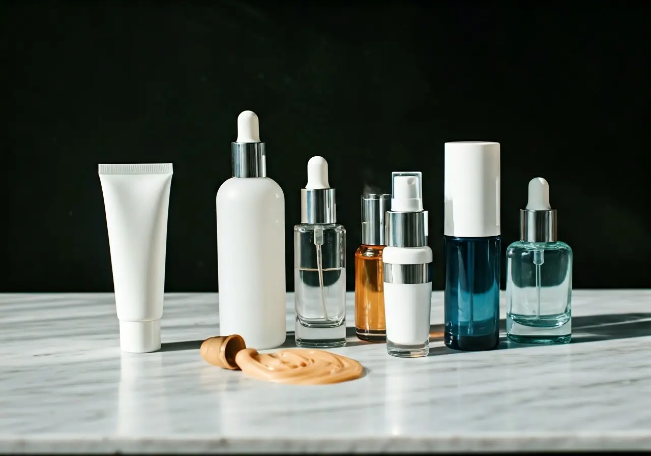 Close-up of assorted skincare products on a marble countertop. 35mm stock photo