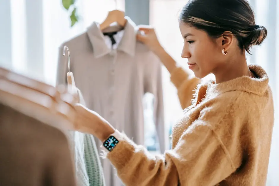 Crop focused ethnic female in casual clothes choosing apparel while standing near rack in boutique