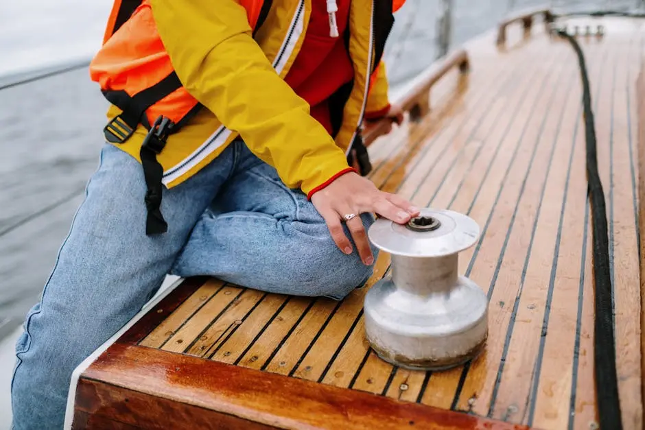 Close-up of a person operating a winch on a sailboat deck wearing a life jacket.